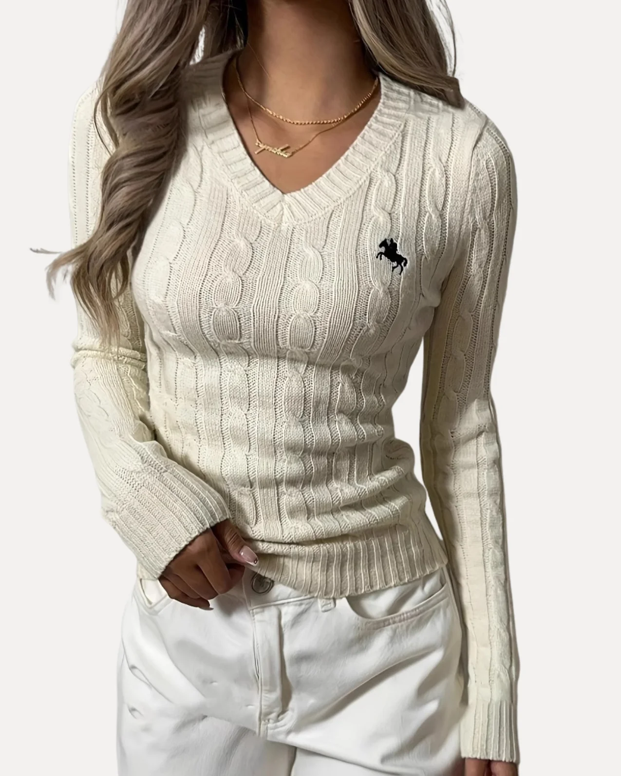 Cable Knit V-Neck Sweater - Image 4