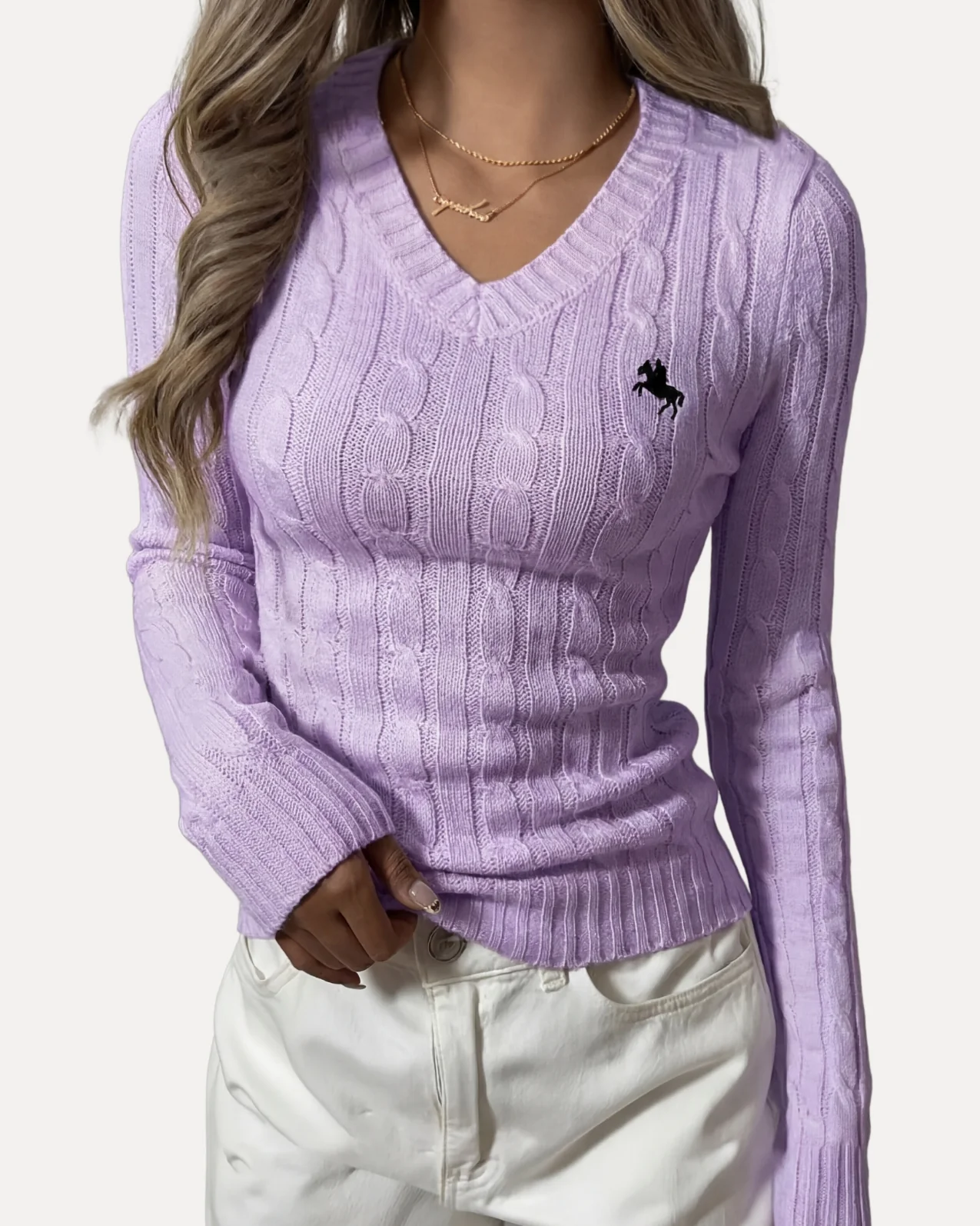 Cable Knit V-Neck Sweater - Image 8